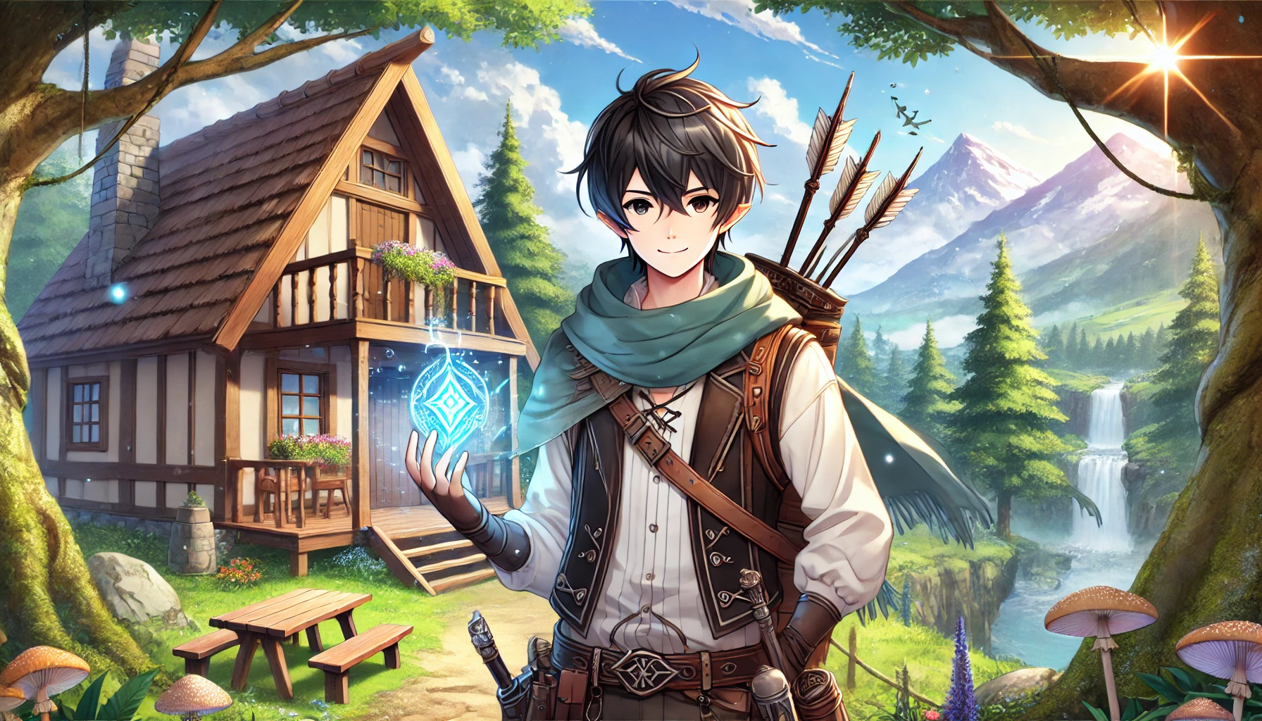 Create an anime-style illustration with a 16:9 aspect ratio for a promotional image summarizing the plot of a fantasy light novel series. The image should depict the protagonist, a young man with black hair and an adventurer's outfit, standing in a lush forest near a cozy wooden cabin. A magical aura should surround him, hinting at his unique abilities. The background should feature a peaceful fantasy landscape with mountains and a clear sky, creating an inviting and adventurous atmosphere.