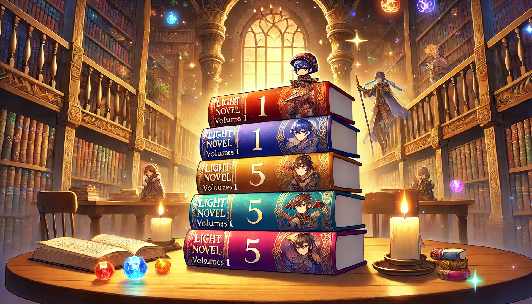 Create an anime-style illustration with a 16:9 aspect ratio for a promotional image indicating that volumes 1 to 5 of a light novel series are available as of January 2025. The image should feature a stack of fantasy-themed light novel books with colorful covers, placed on a wooden table with a cozy fantasy setting in the background, such as a warm-lit bookshelf or a medieval-style room. The colors should be vibrant, and the atmosphere inviting.