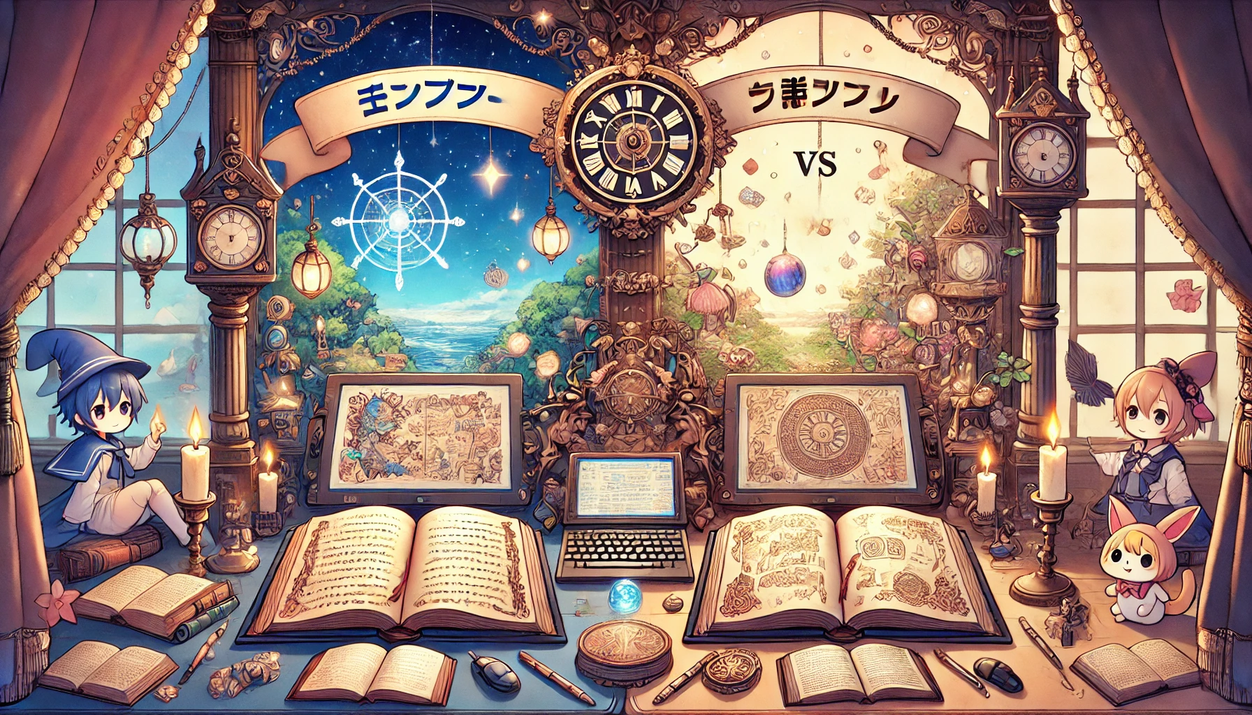 Create an anime-style illustration with a 16:9 aspect ratio for a promotional image comparing the differences between the 'Shousetsuka ni Narou' and 'Kakuyomu' web novel platforms. The image should depict two distinct open books or screens, each labeled with fantasy-themed decorations representing the two platforms, surrounded by elements like writing tools, fantasy landscapes, and glowing magical effects. The scene should have a whimsical and engaging fantasy atmosphere.