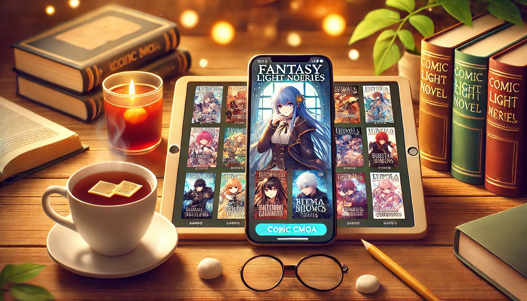 Create an anime-style illustration with a 16:9 aspect ratio for a promotional image recommending reading a fantasy light novel series on the Comic Cmoa platform. The image should feature a smartphone or tablet displaying the Comic Cmoa app with colorful manga covers on screen. Surrounding the device, include a cozy reading environment with a cup of tea, a stack of books, and a warm-lit background.