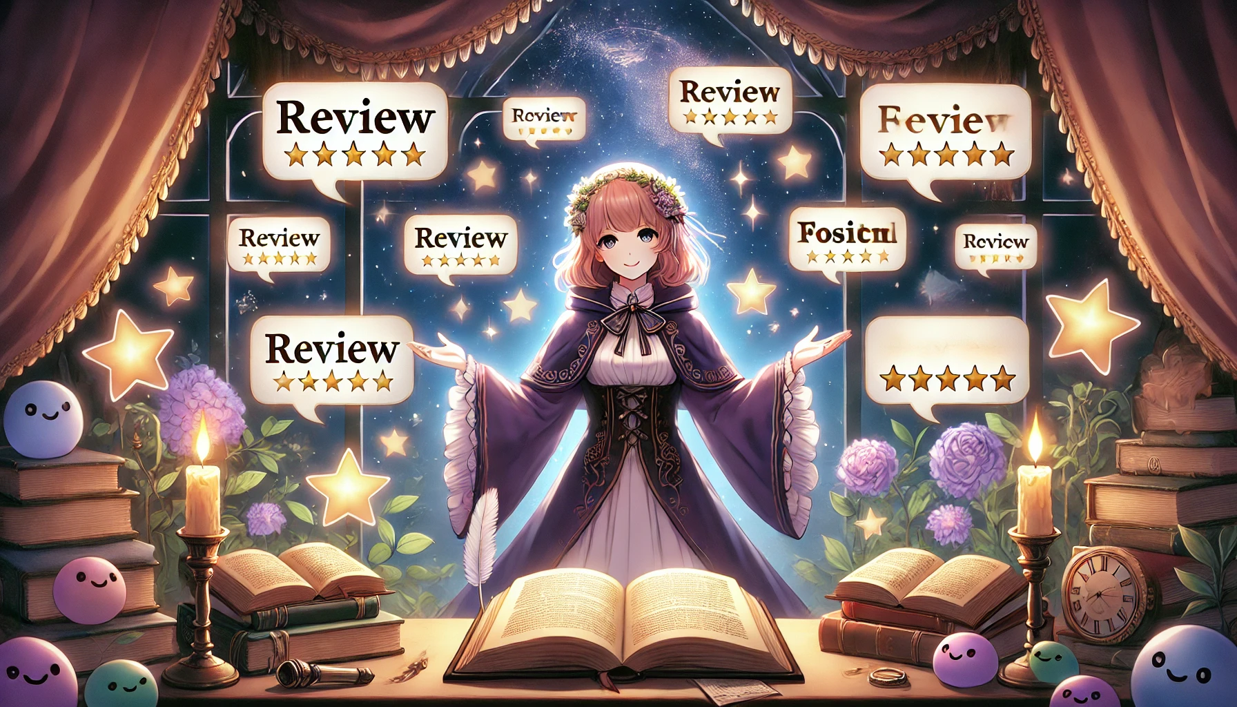 Create an anime-style illustration with a 16:9 aspect ratio for a promotional image showcasing reviews and feedback on a fantasy light novel series. The image should feature a collection of review cards or speech bubbles with positive expressions, surrounded by fantasy-themed elements such as glowing stars, open books, and enchanted quills. The background should have a magical, inviting atmosphere with warm lighting.